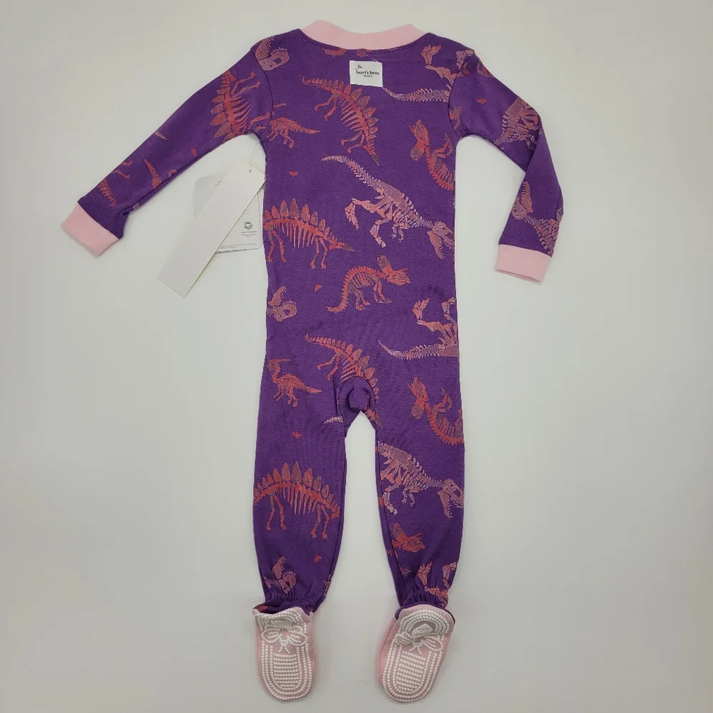 Burt's Bees Baby Pajamas Purple Pink Dinosaur Print One Piece Zip Footie 12m NEW